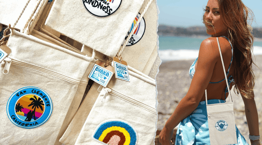 A woman models a Shaka Love handbag as a stylish alternative to plastic bags